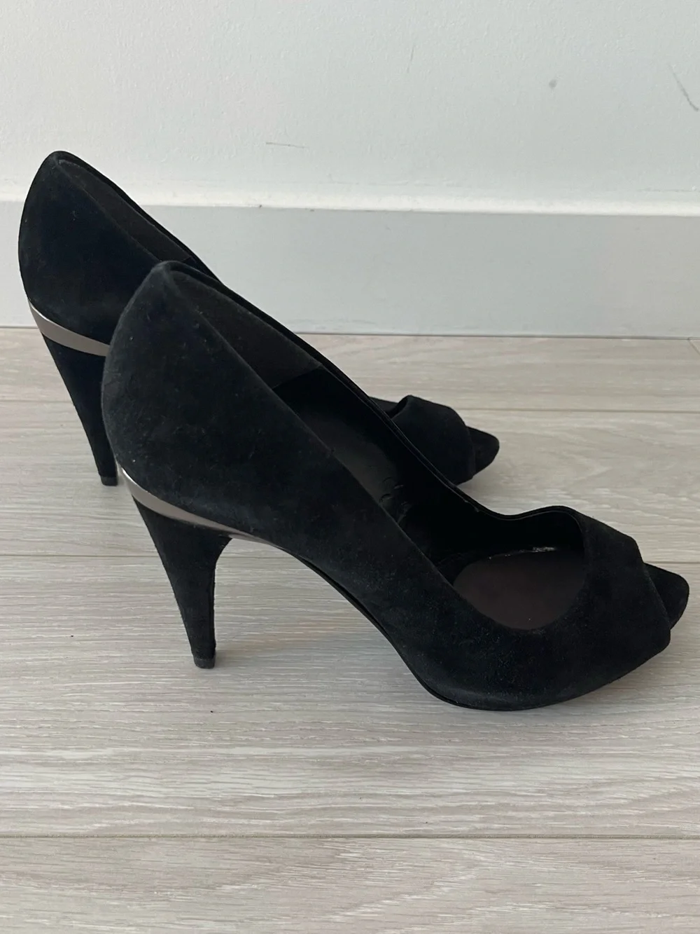 Zara Black Genuine Suede Peep-Toe Heels with Chrome Heel Band Size 40